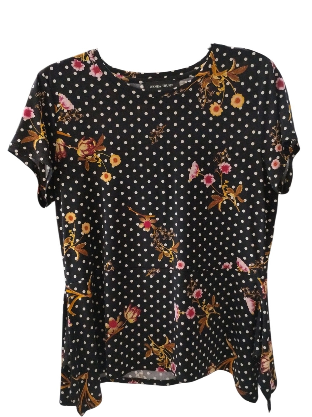 Ivanka Trump Black Polka Dot Floral Peplum Top SZ M